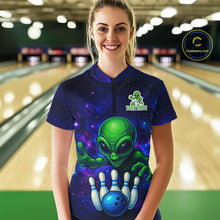 Load image into Gallery viewer, Funny Galaxy Alien Bowling Polo, 1/4 Zip Shirt For Women Custom Bowling Team Outfit, Gift For Bowler NQS10729