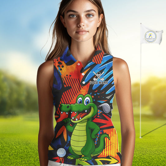 Custom Funny Colorful Graffiti Alligator Women Sleeveless Polo Shirt, Personalized ladies golf wear NQS10736
