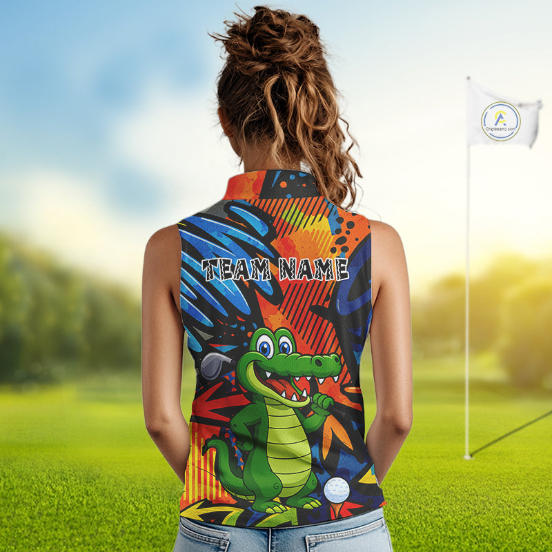 Custom Funny Colorful Graffiti Alligator Women Sleeveless Polo Shirt, Personalized ladies golf wear NQS10736
