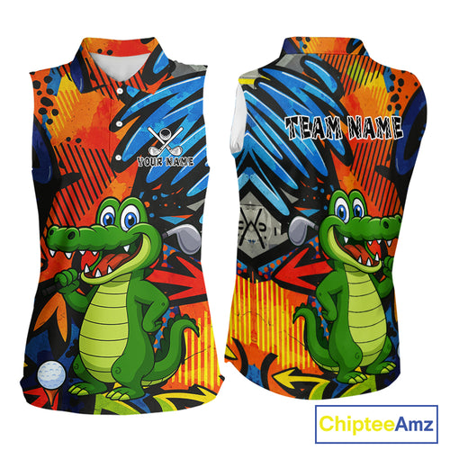 Custom Funny Colorful Graffiti Alligator Women Sleeveless Polo Shirt, Personalized ladies golf wear NQS10736