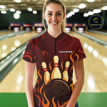 Load image into Gallery viewer, Red Flame Tribal Bowling Polo, Quarter Zip Shirts for Women Custom Team Bowling League Jerseys NQS10747