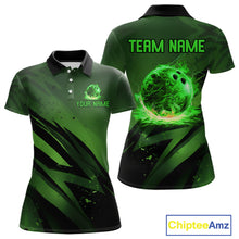 Load image into Gallery viewer, Custom Black and Green Flame Womens Bowling Shirts, Bowling Polo, 1/4 Zip Team Jerseys NQS11130