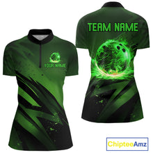 Load image into Gallery viewer, Custom Black and Green Flame Womens Bowling Shirts, Bowling Polo, 1/4 Zip Team Jerseys NQS11130
