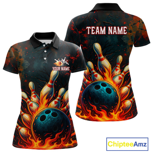 Red Flame Bowling Polo, Quarter Zip Shirts for Women Custom Team Bowling Outfit, Gift for Bowlers NQS10752
