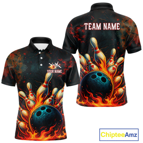 Red Flame Bowling Polo, Quarter Zip Shirts for Men Custom Team Bowling Outfit, Gift for Bowlers NQS10752