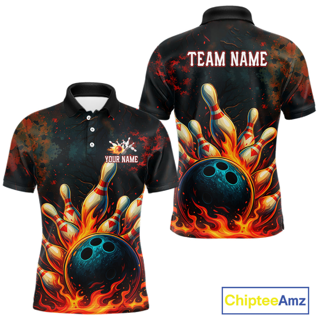 Red Flame Bowling Polo, Quarter Zip Shirts for Men Custom Team Bowling Outfit, Gift for Bowlers NQS10752