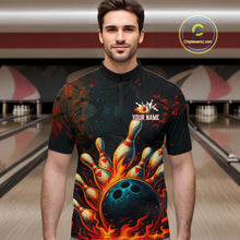 Load image into Gallery viewer, Red Flame Bowling Polo, Quarter Zip Shirts for Men Custom Team Bowling Outfit, Gift for Bowlers NQS10752