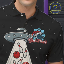 Load image into Gallery viewer, Funny Santa UFO Alien Black Bowling Polo, 1/4 Zip Shirts For Men Custom Christmas Team Bowling Jersey NQS10766