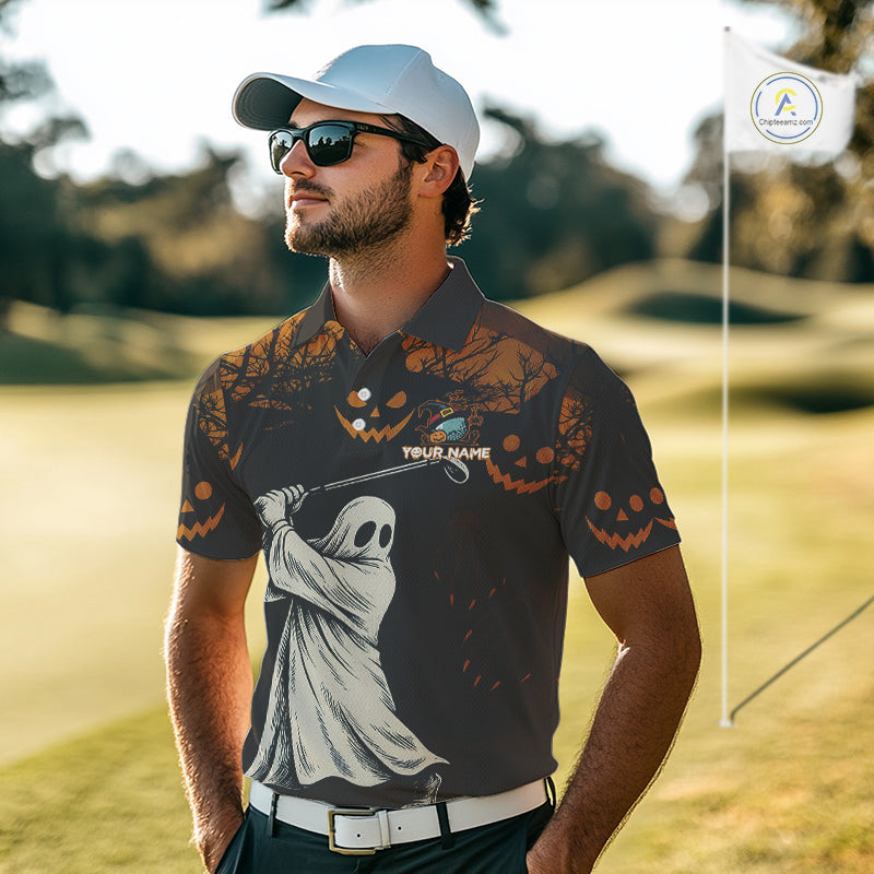 Funny black and orange Ghost Golfer Halloween Golf Polo Shirt For Men Custom golf attire for men NQS10767