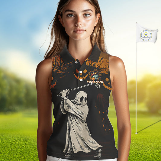 Funny black and orange Ghost Golfer Halloween Sleeveless Polo Shirt Custom golf attire for ladies NQS10767