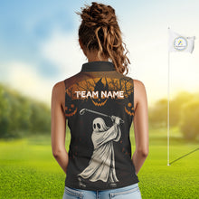 Load image into Gallery viewer, Funny black and orange Ghost Golfer Halloween Sleeveless Polo Shirt Custom golf attire for ladies NQS10767