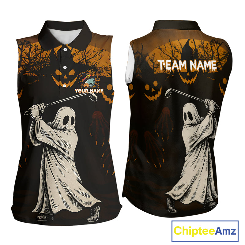 Funny black and orange Ghost Golfer Halloween Sleeveless Polo Shirt Custom golf attire for ladies NQS10767