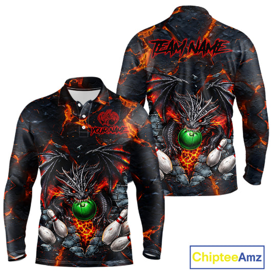 Custom Black And Orange Magma Dragon Bowling Shirts, Dragon Bowling Team Polo, 1/4 zip Jersey For Men NQS11559