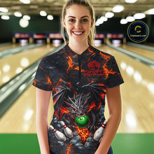 Load image into Gallery viewer, Custom Black &amp; Orange Magma Dragon Bowling Shirts, Dragon Bowling Team Polo, 1/4 zip Jersey For Women NQS11559