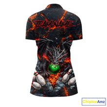 Load image into Gallery viewer, Custom Black &amp; Orange Magma Dragon Bowling Shirts, Dragon Bowling Team Polo, 1/4 zip Jersey For Women NQS11559
