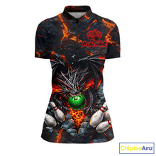 Load image into Gallery viewer, Custom Black &amp; Orange Magma Dragon Bowling Shirts, Dragon Bowling Team Polo, 1/4 zip Jersey For Women NQS11559
