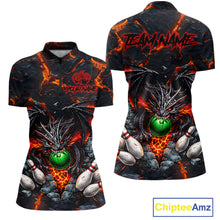 Load image into Gallery viewer, Custom Black &amp; Orange Magma Dragon Bowling Shirts, Dragon Bowling Team Polo, 1/4 zip Jersey For Women NQS11559
