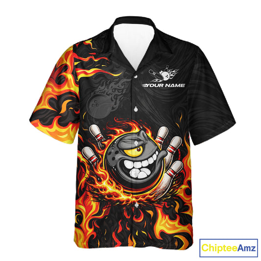 Funny Angry Bowling Button-up Shirt Custom Black and Orange Flame Bowling Hawaiian Team jerseys NQS11683