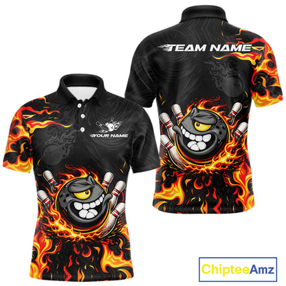 Funny Angry Bowling Polo, 1/4 Zip Shirt for Men Custom Black and Orange Flame Bowling Team jerseys NQS11683