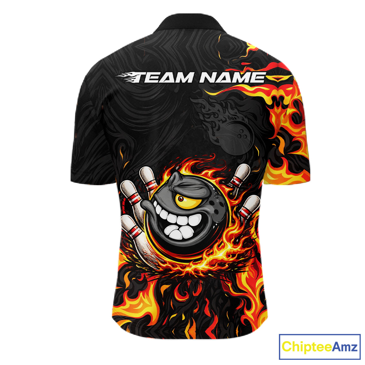 Funny Angry Bowling Polo, 1/4 Zip Shirt for Men Custom Black and Orange Flame Bowling Team jerseys NQS11683
