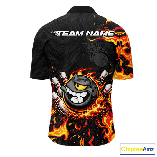 Funny Angry Bowling Polo, 1/4 Zip Shirt for Men Custom Black and Orange Flame Bowling Team jerseys NQS11683