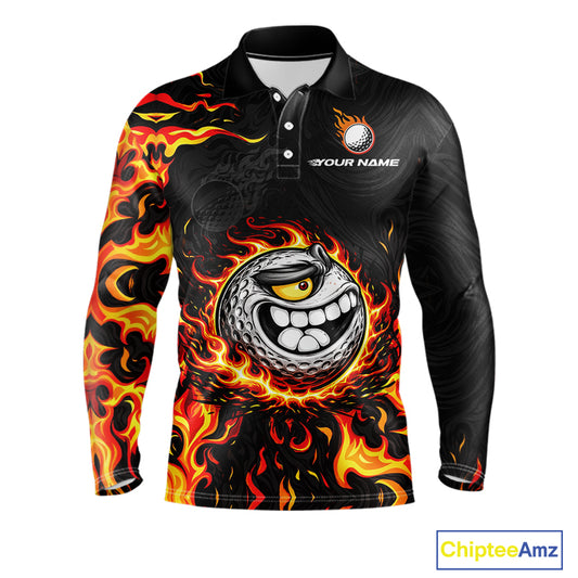 Funny Angry Golf Ball Golf Polo Shirts For Men Custom Black and Orange Flame mens golf apparel NQS11684