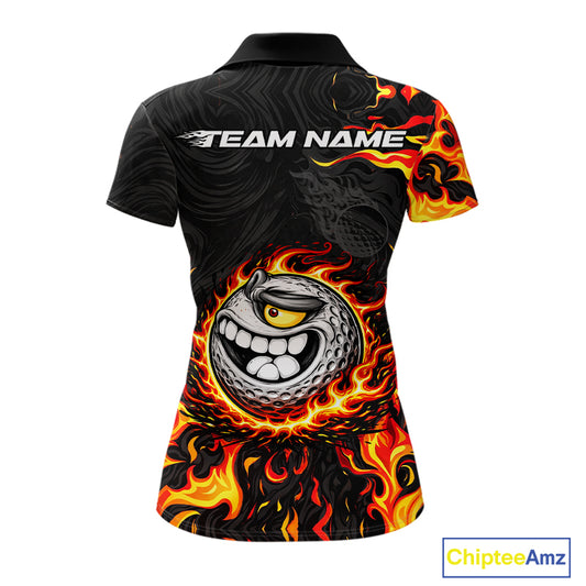 Funny Angry Golf Ball Golf Polo Shirts For Women Custom Black and Orange Flame ladies golf apparel NQS11684