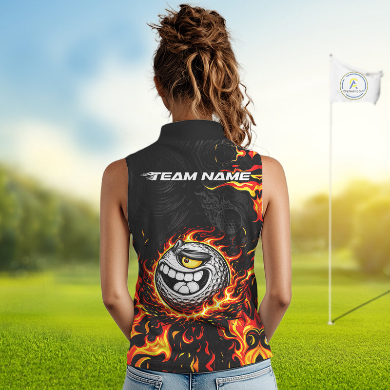 Funny Angry Golf Ball Sleeveless Golf Polo Shirt Custom Black and Orange Flame ladies golf apparel NQS11684