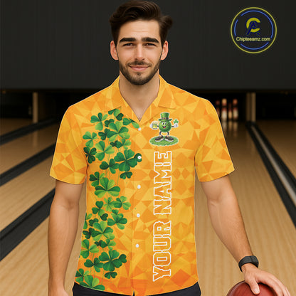 Orange pattern Green clovers St Patrick's Day Bowling Button-up Shirt Custom Bowling Team jerseys NQS11696