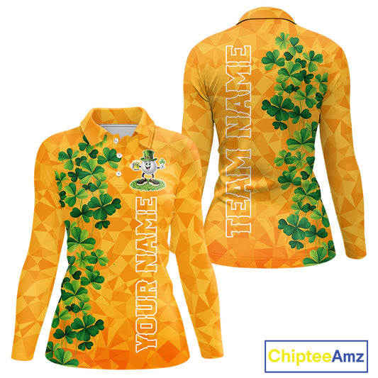 Orange pattern Green clovers St Patrick's Day Women Golf Polo shirt Custom best golf gifts for ladies NQS11697