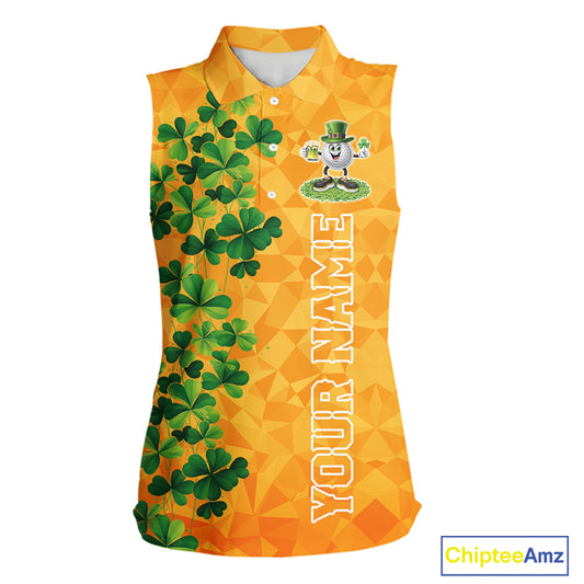 Orange pattern Green clovers St Patrick's Day Sleeveless Golf shirt Custom best golf gifts for ladies NQS11697