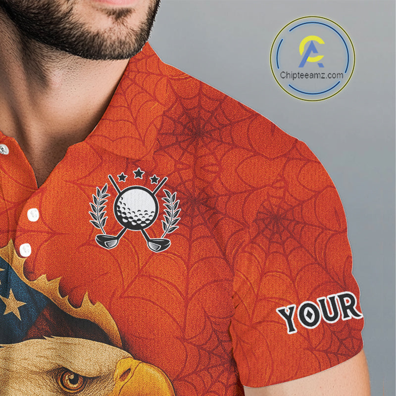 American Flag Eagle Orange spider web Halloween Golf Polo Shirt For Men Custom mens golf outfit NQS10774