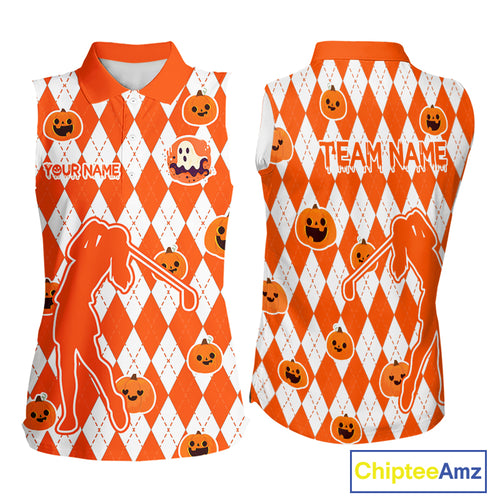 Orange argyle pattern pumpkin Golf Sleeveless Polo Shirt Custom Halloween ladies golf outfit NQS10776