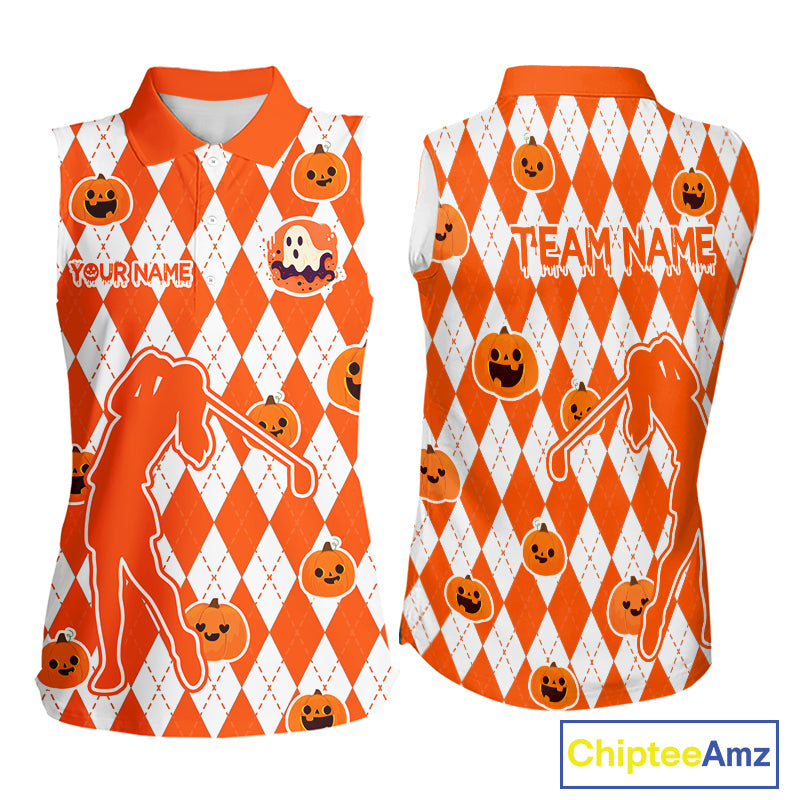 Orange argyle pattern pumpkin Golf Sleeveless Polo Shirt Custom Halloween ladies golf outfit NQS10776