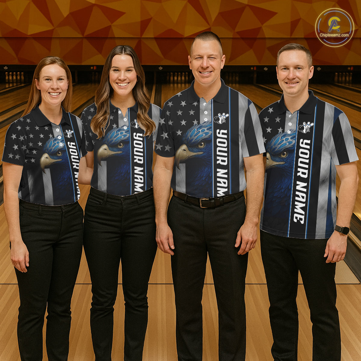 Black American Flag Eagle Bowling Shirts For Women Custom Patriotic Bowling Team Jerseys NQS11152
