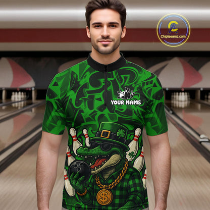 Funny Alligator Bowling Shirts For Men Custom Green graffiti pattern St Patrick Bowling Team Jersey NQS11161