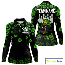 Load image into Gallery viewer, Black and Green Shamrock Funny Bowling Shirts For Women Custom St Patrick's Day Bowling Team Jersey NQS11163