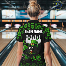 Load image into Gallery viewer, Black and Green Shamrock Funny Bowling Shirts For Women Custom St Patrick's Day Bowling Team Jersey NQS11163