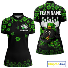 Load image into Gallery viewer, Black and Green Shamrock Funny Bowling Shirts For Women Custom St Patrick's Day Bowling Team Jersey NQS11163
