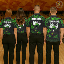 Load image into Gallery viewer, Black and Green Shamrock Funny Bowling Shirts For Women Custom St Patrick's Day Bowling Team Jersey NQS11163