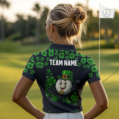 Black and Green Shamrock Funny Golf Polo Shirt For Women Custom St Patrick's Day ladies golf outfit NQS11164