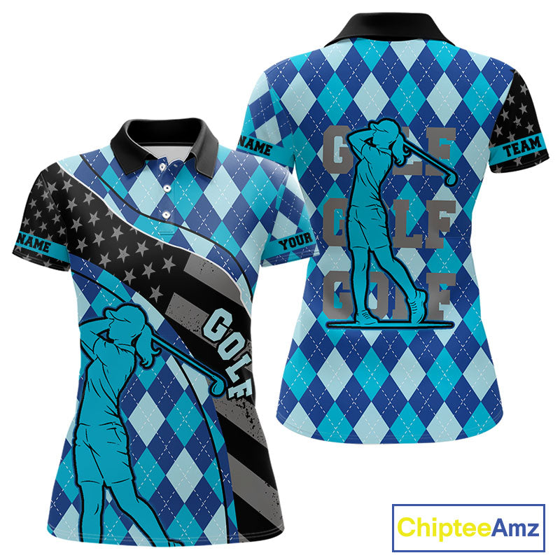 Personalized golf polo shirts for Women blue argyle pattern black American Flag patriotic golf shirts NQS11368