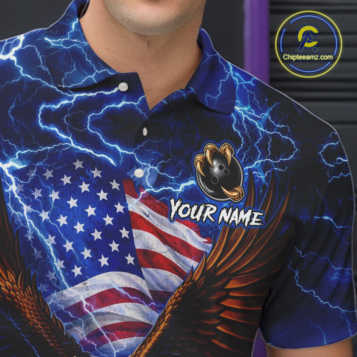 Blue Lightning Thunder US Flag Eagle Bowling Shirts for Men Custom Patriotic Team Bowling Jerseys NQS11580