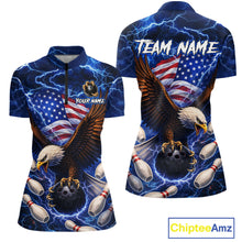 Load image into Gallery viewer, Blue Lightning Thunder US Flag Eagle Bowling Shirts for Women Custom Patriotic Team Bowling Jerseys NQS11580