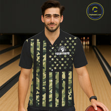Load image into Gallery viewer, Black and Green Camo American Flag Bowling Hawaiian Shirt Custom patriotic Bowling Team shirt NQS11177