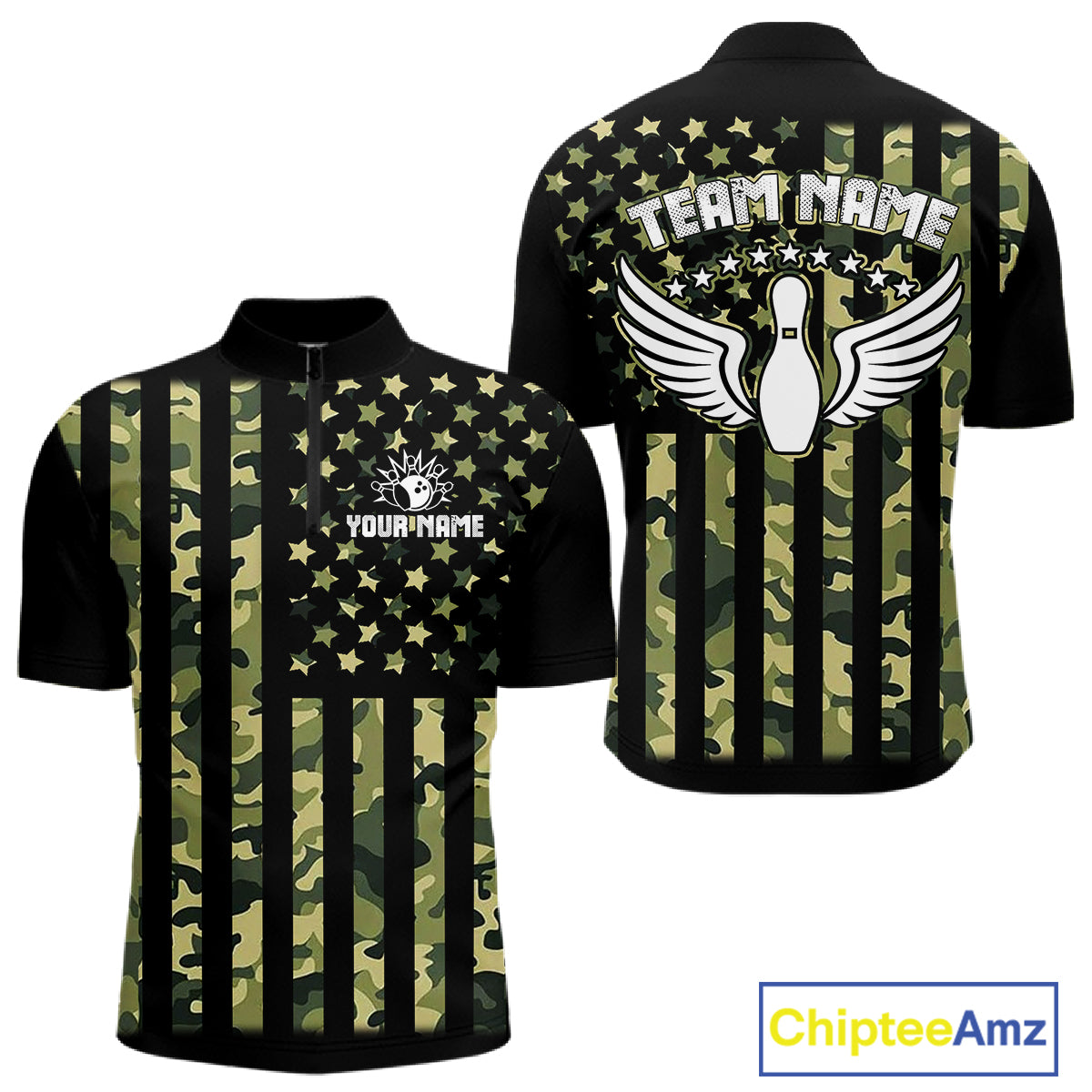 Black and Green Camo American Flag Bowling Shirts For Men Custom patriotic Bowling Team Jerseys NQS11177