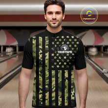 Load image into Gallery viewer, Black and Green Camo American Flag Bowling Shirts For Men Custom patriotic Bowling Team Jerseys NQS11177