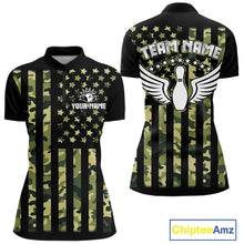 Load image into Gallery viewer, Black and Green Camo American Flag Bowling Shirts For Women Custom patriotic Bowling Team Jerseys NQS11177