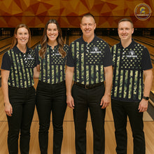 Load image into Gallery viewer, Black and Green Camo American Flag Bowling Shirts For Women Custom patriotic Bowling Team Jerseys NQS11177