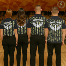 Load image into Gallery viewer, Black and Green Camo American Flag Bowling Shirts For Women Custom patriotic Bowling Team Jerseys NQS11177